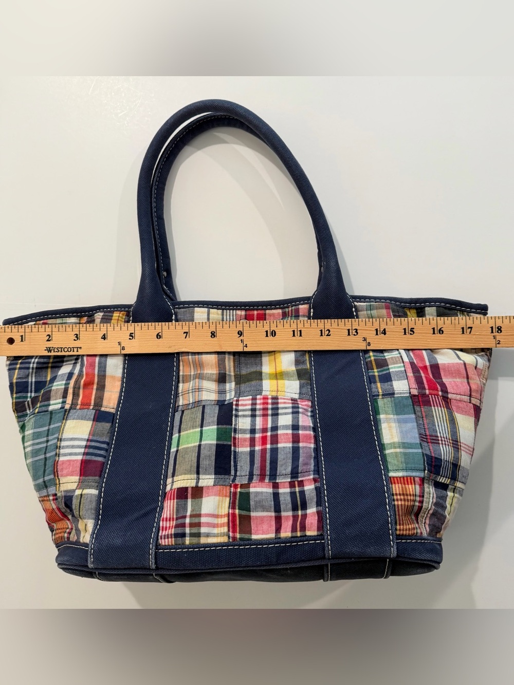 Madras Patchwork Plaid Vintage J.Crew Large Tote Bag Navy Canvas - Picture 4 of 16